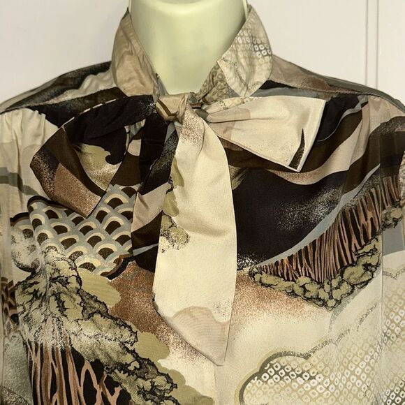 Vintage 70s Asian Inspired Stylized Cream, Tan & Brown Blouse that Ties at Neck - Picture 2 of 7
